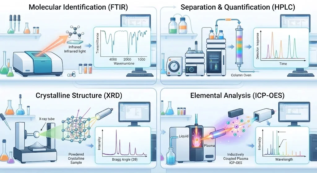 راهنمای انتخاب بهترین روش‌های آنالیز مواد شیمیایی؛ از FTIR و HPLC تا XRD و ICP-OES
